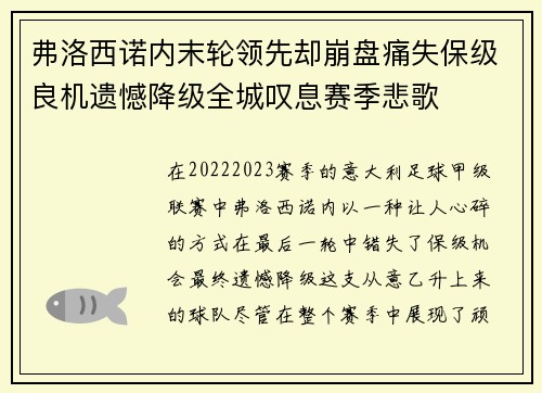 弗洛西诺内末轮领先却崩盘痛失保级良机遗憾降级全城叹息赛季悲歌